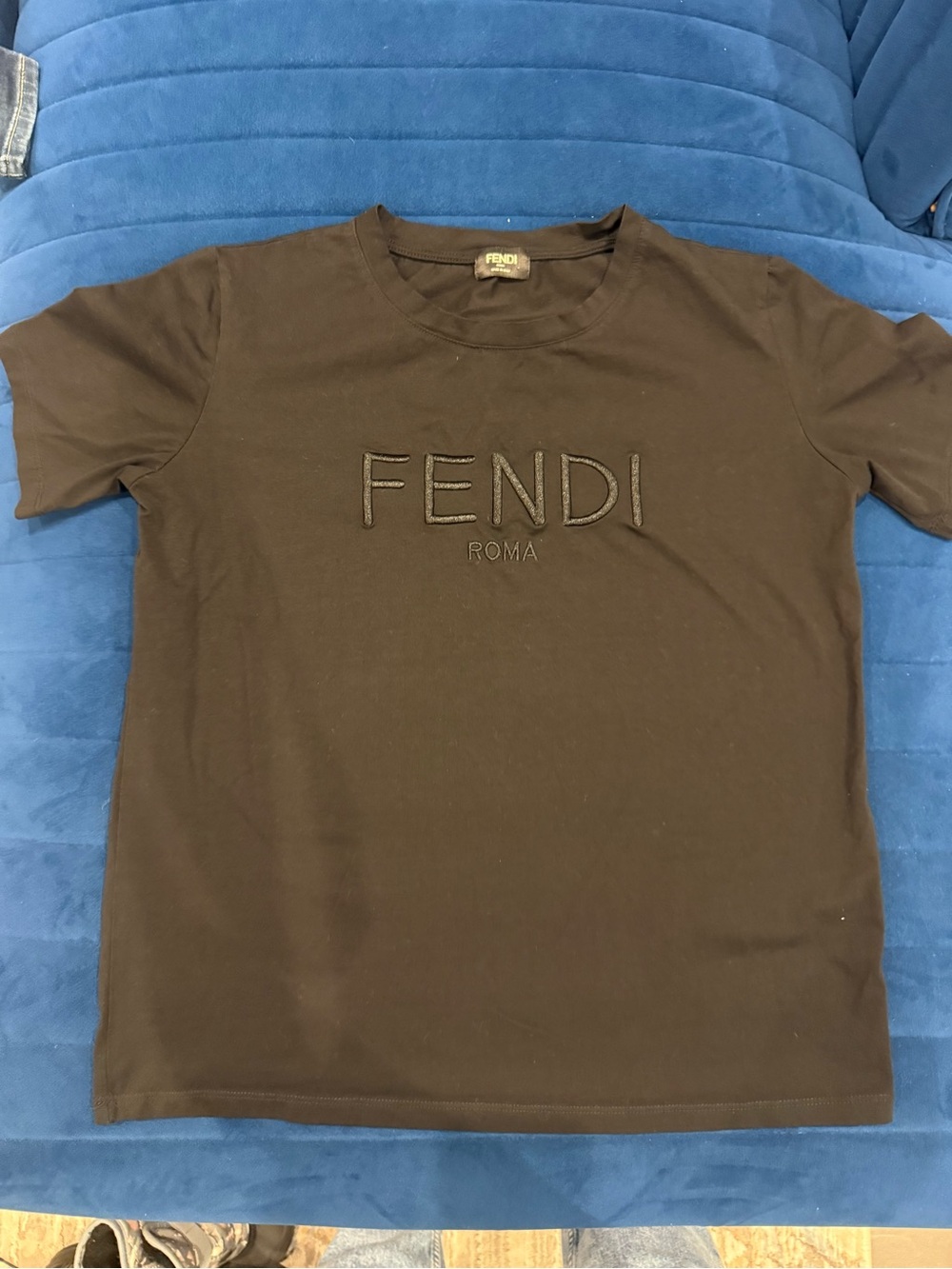 Fendi Black Embroidered 'FENDI ROMA' Crew T-Shirt